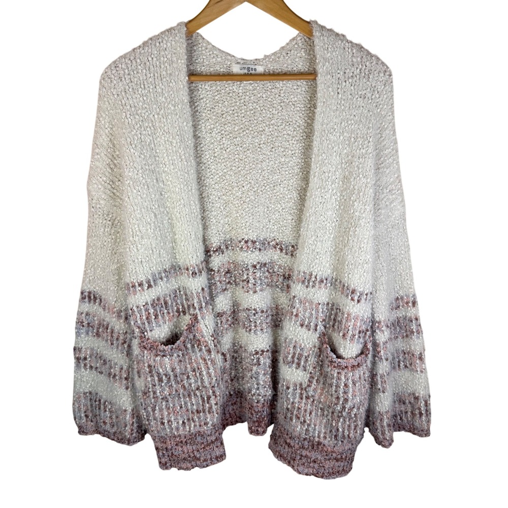 Umgee Women‎ Size L Chunky Knit Open Front Cardigan Sweater Cream Pink Striped